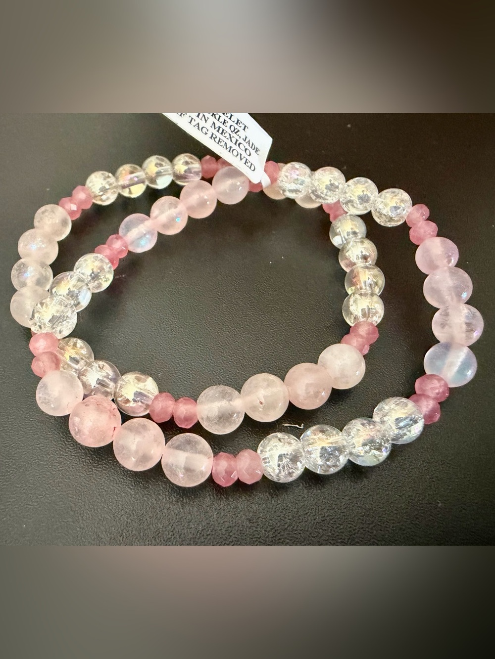 NEW 2 GENUINE JADE & ROSE QUARTZ GEMSTONE BEADED STRETCH BRACELETS